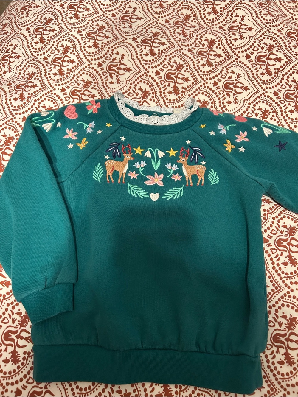 Mini Boden Teal Sweatshirt with Embroidered Deer and Lace Collar